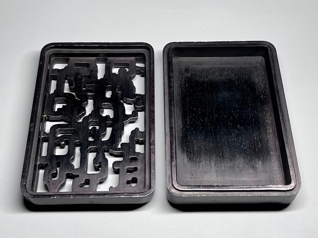 木製　小物入れ　香炉？　硯箱　龍紋　透彫　極細工　文房具　中国美術　唐木　黑檀