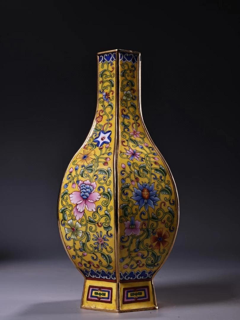 中国古美術・旧藏銅胎鎏金エナメル彩花瓶・珐琅彩・純銅・純手描き・箱付き・文房置物