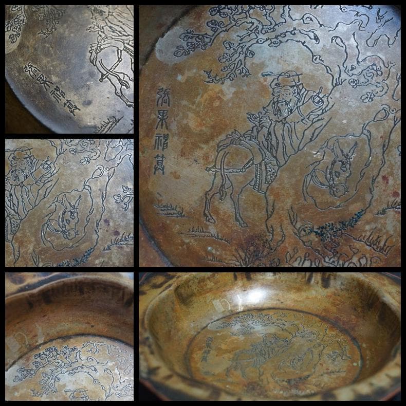 清 萬寶斎 顧記造 葵口菓子器 金工細工刻『張果神算図』三足銅盆 茶道具★希少品