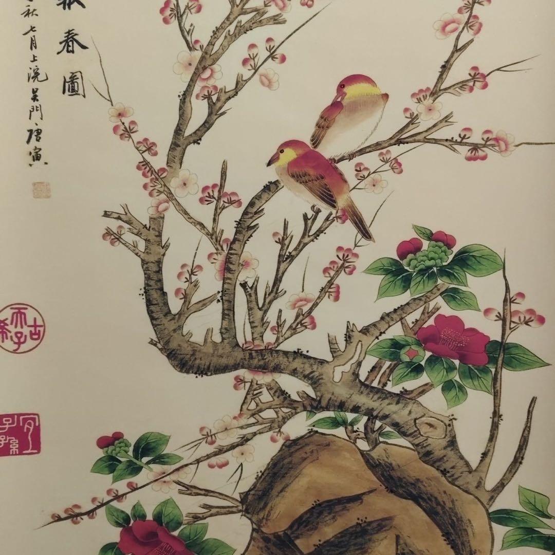 唐寅 花鳥画 掛け軸 中堂 花鳥図 中国画 表装済 サイズ：173×69cm