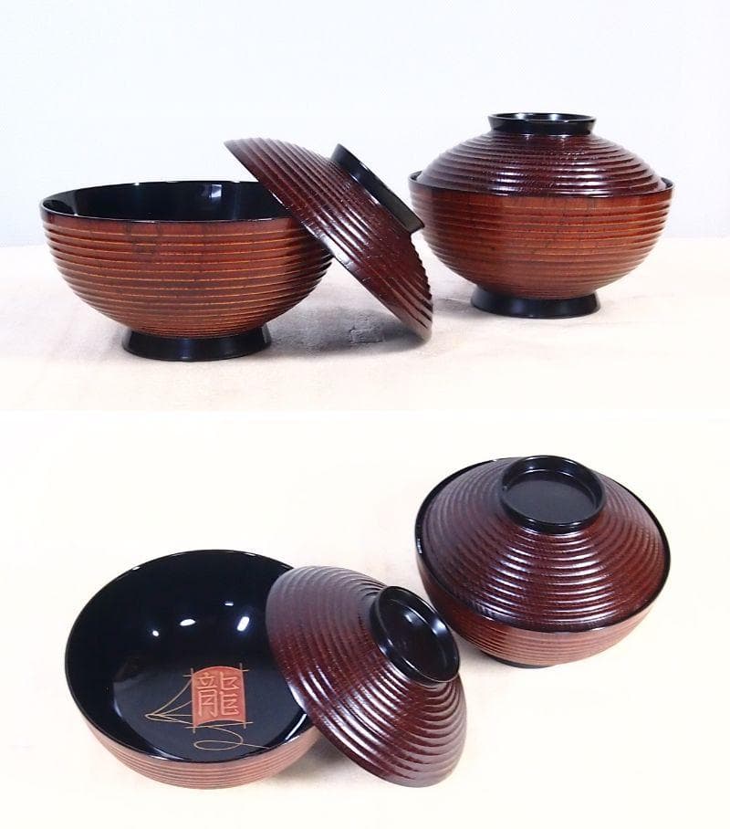 【未使用】輪島塗 童蒔絵 煮物椀 5客 千筋木地呂塗 雑煮椀/大椀 信斎/松斎