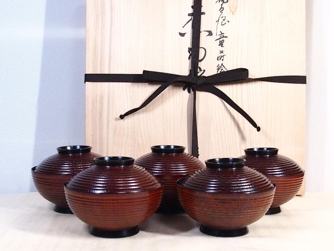 【未使用】輪島塗 童蒔絵 煮物椀 5客 千筋木地呂塗 雑煮椀/大椀 信斎/松斎