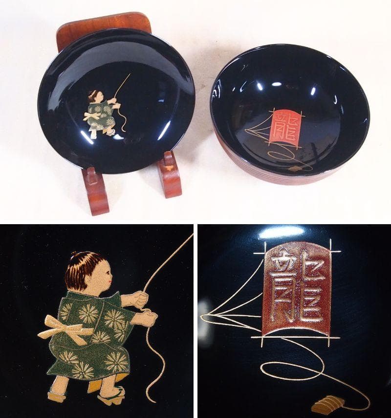 【未使用】輪島塗 童蒔絵 煮物椀 5客 千筋木地呂塗 雑煮椀/大椀 信斎/松斎