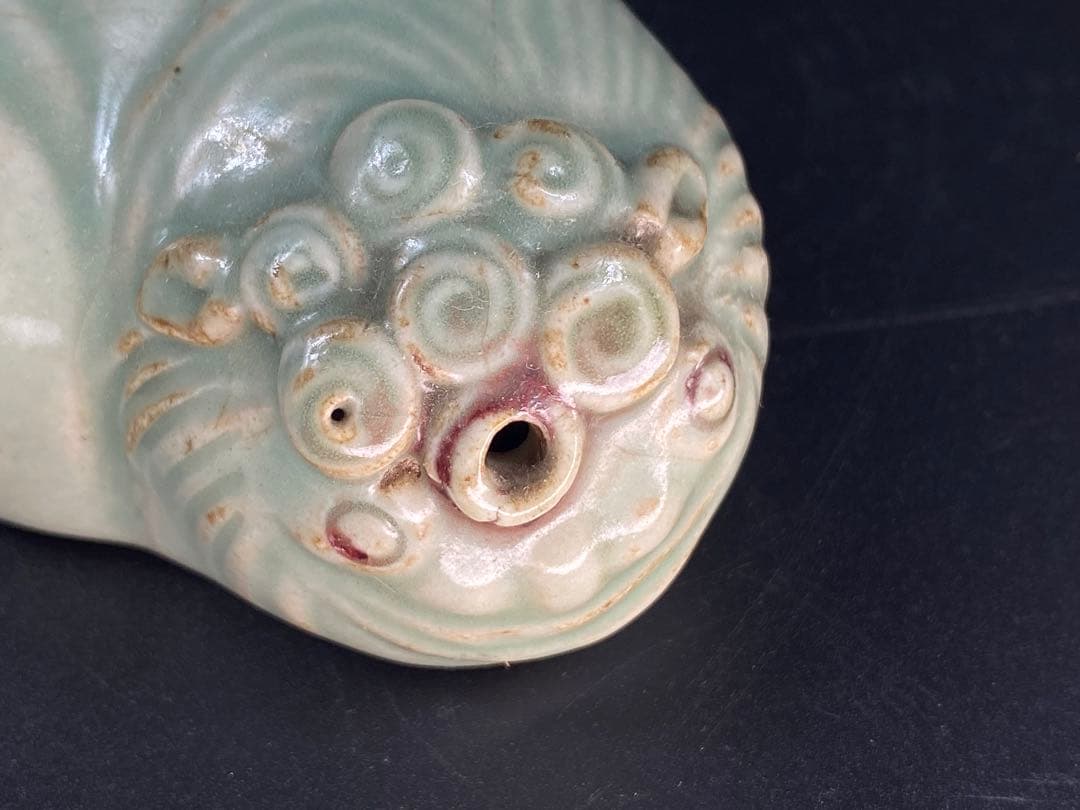 李朝 水滴 青磁 辰砂 海獣型 文道具 書道具 珍しい逸品 幅8.3cm