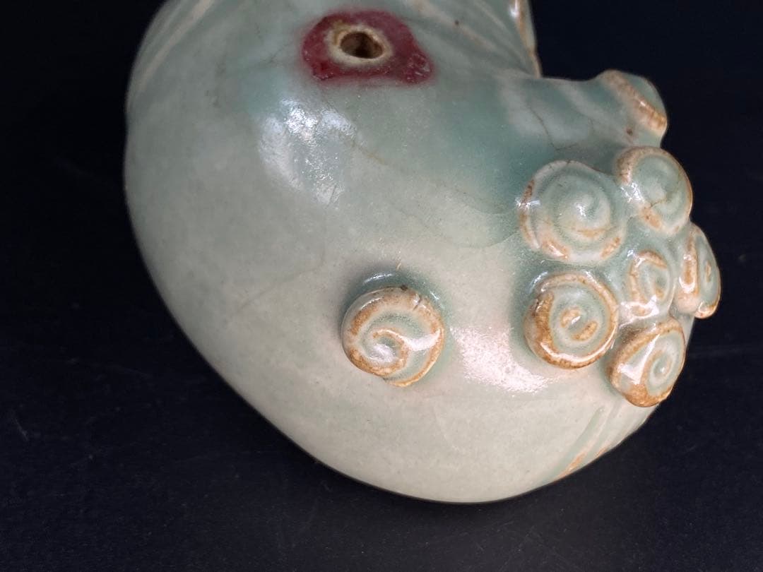 李朝 水滴 青磁 辰砂 海獣型 文道具 書道具 珍しい逸品 幅8.3cm