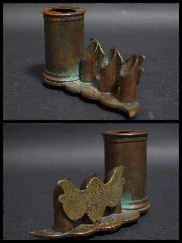 民国期 古月軒在銘 古銅 造形筆置 筆挿し金工細工刻『老子出関図』書斎飾オブジェ