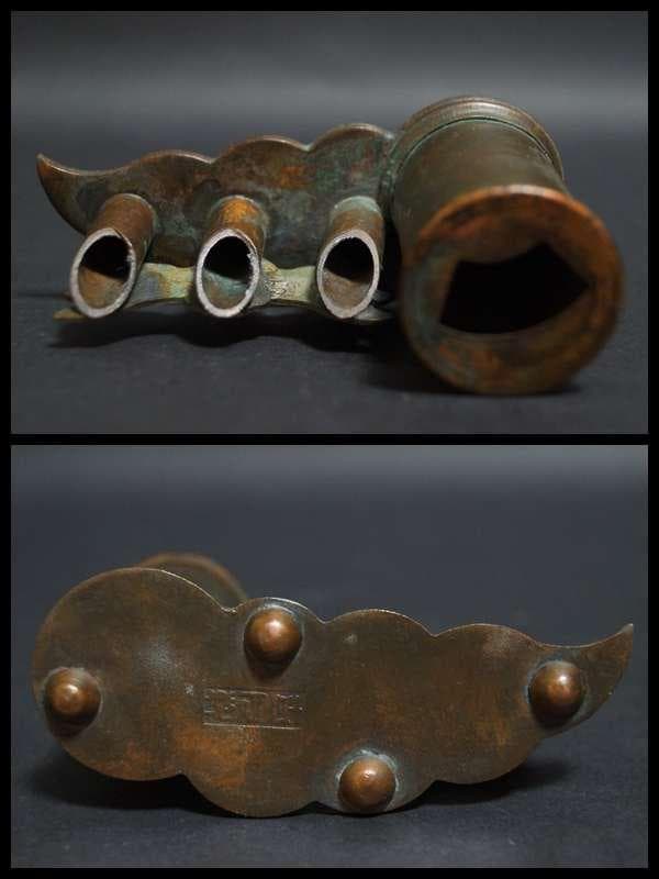 民国期 古月軒在銘 古銅 造形筆置 筆挿し金工細工刻『老子出関図』書斎飾オブジェ