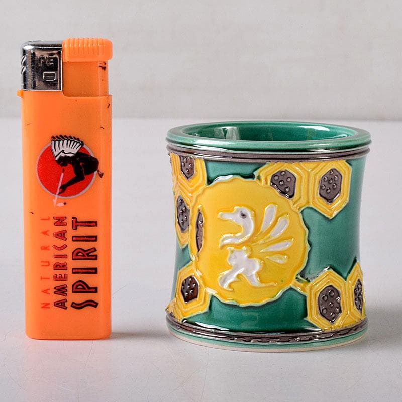 茶道具　谷口登志雄　菁嵐作　青交趾　鶴亀　蓋置　共布共箱　V　7866