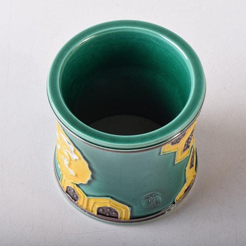 茶道具　谷口登志雄　菁嵐作　青交趾　鶴亀　蓋置　共布共箱　V　7866