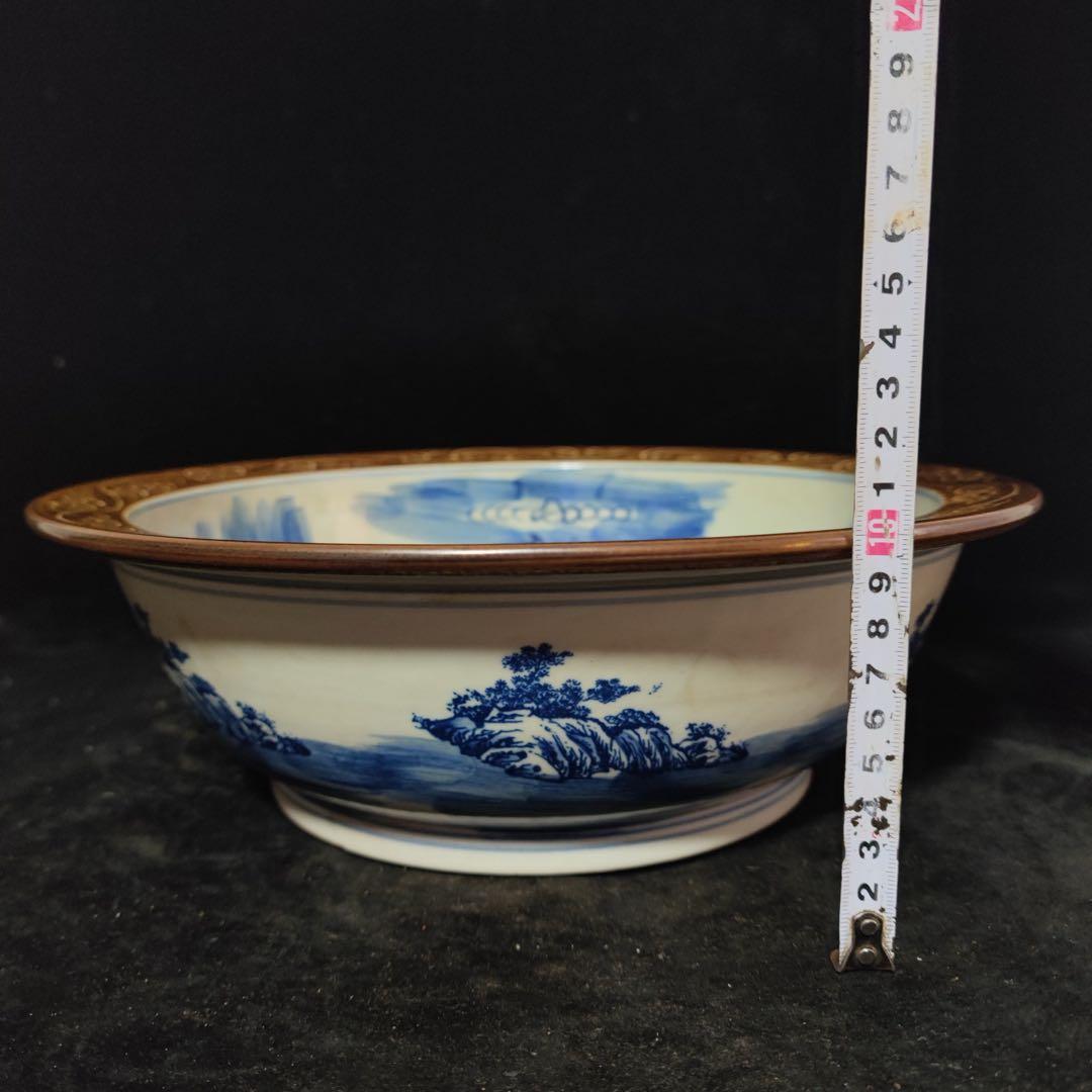 時代物　旧蔵　清国　大型　青花瓷 山水人物図　お皿　陶器　置物