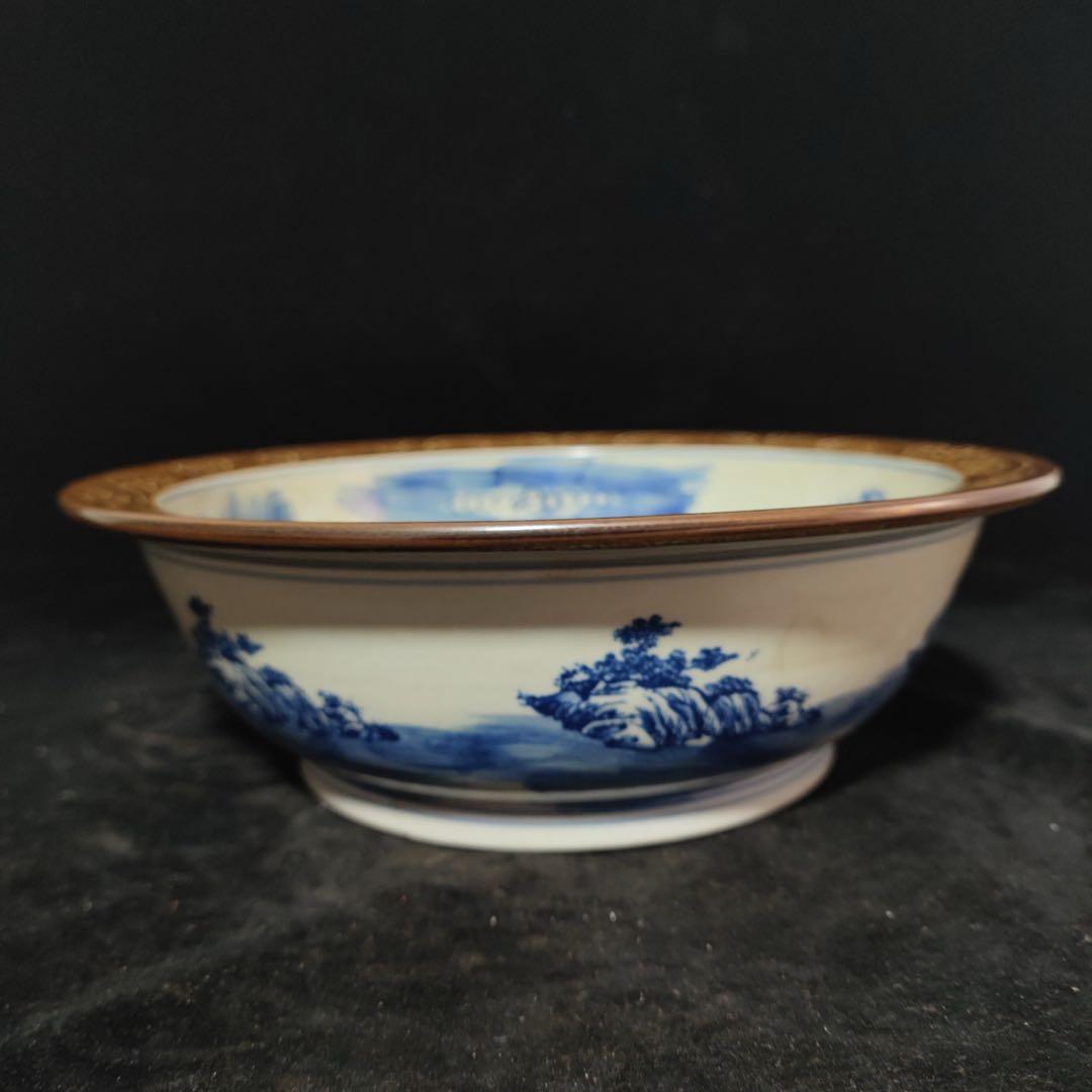 時代物　旧蔵　清国　大型　青花瓷 山水人物図　お皿　陶器　置物