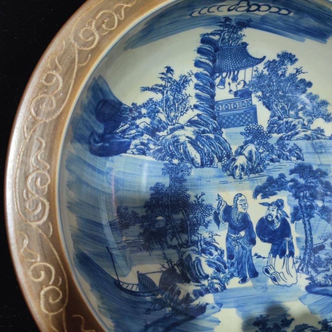 時代物　旧蔵　清国　大型　青花瓷 山水人物図　お皿　陶器　置物