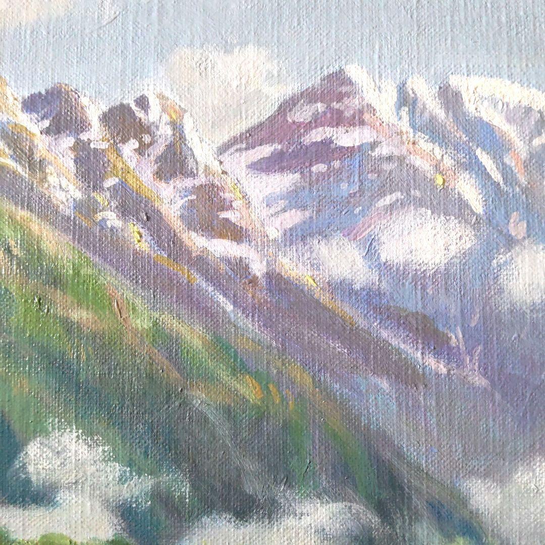 真作 嶋津和幸 上高地の朝 油画 油絵 風景画 湖 山 6号