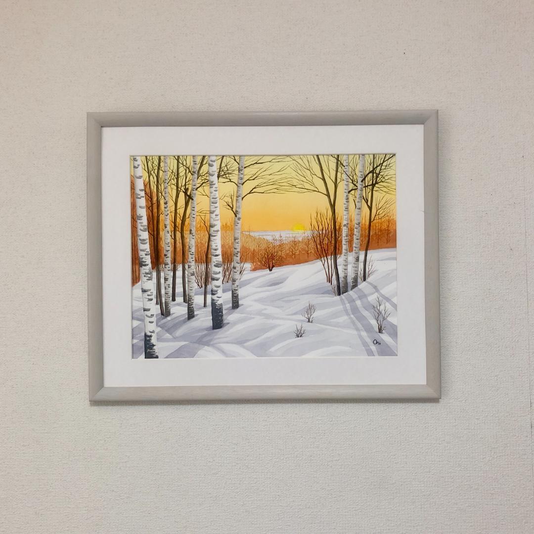 透明水彩画　原画　「雪原の朝焼け」額縁付　F6サイズ　風景画