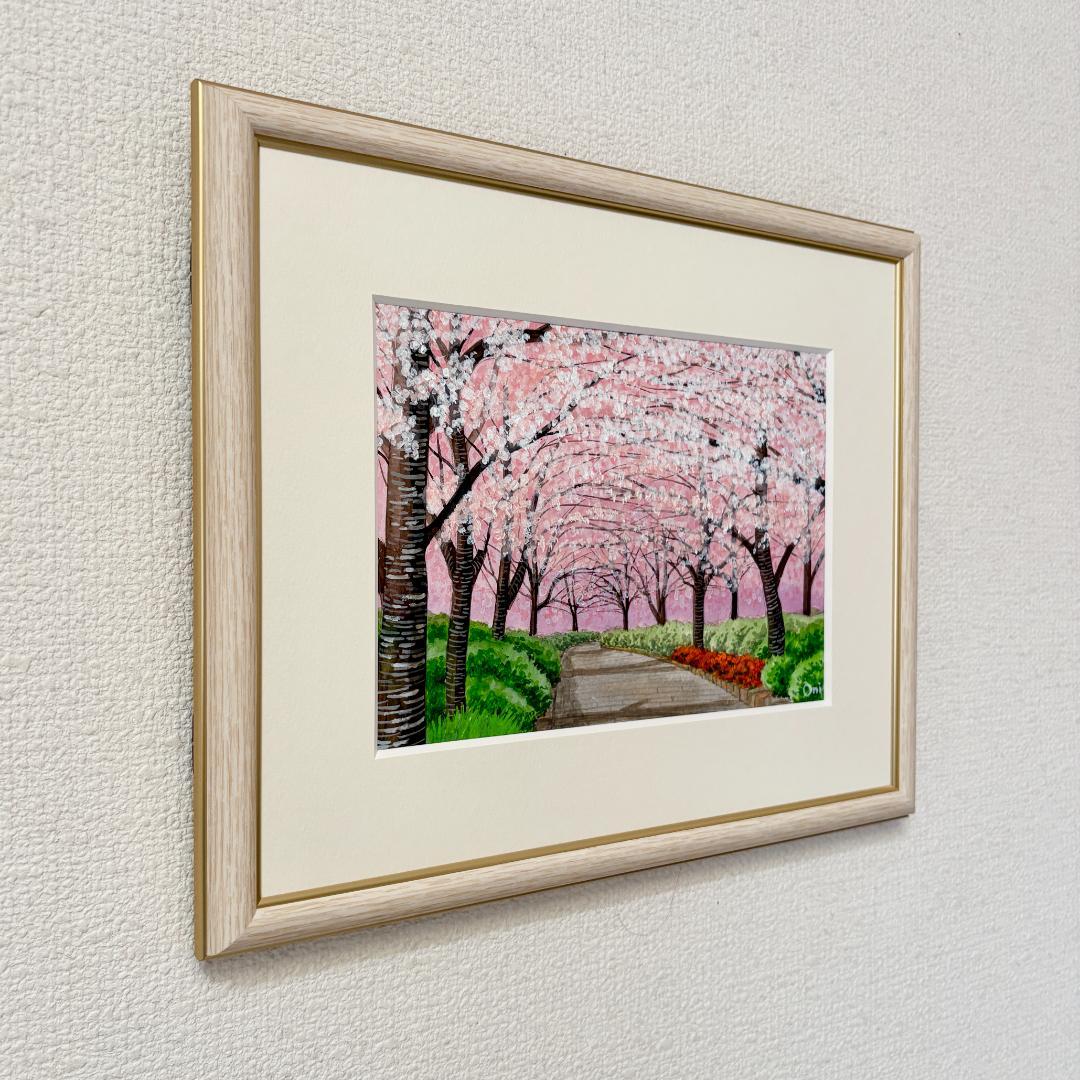 アクリル画　原画　「桜の小径02」額縁付　SMサイズ　風景画