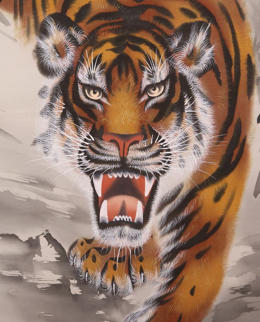 【模写】日本画 彩色 苅谷翠虹「猛虎の図」絹本 掛け軸 大幅 木箱 MA547