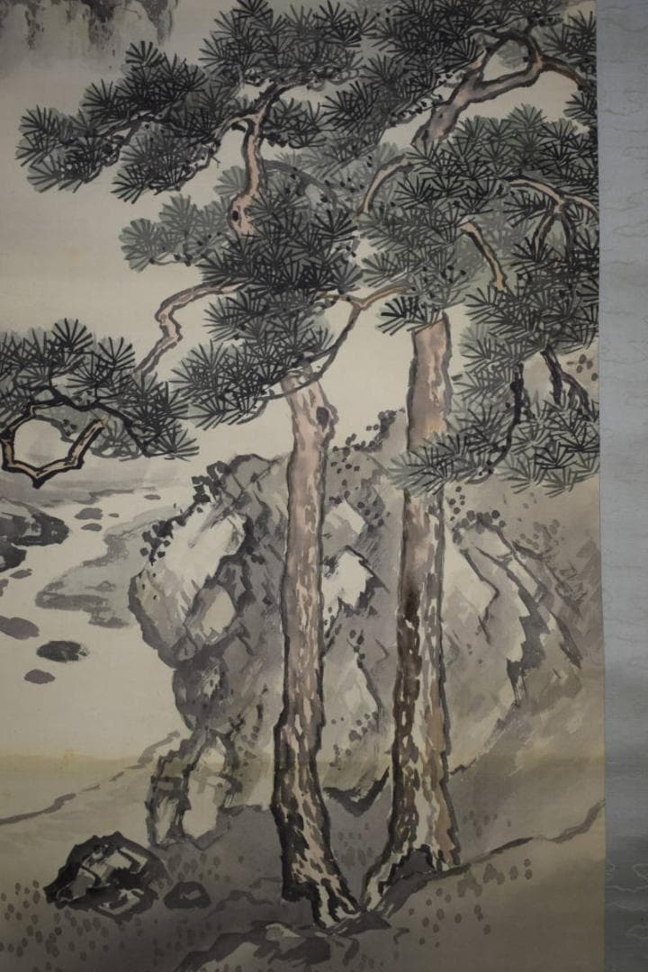 真作/石野龍山/山水屋形舟図/絹表装/双幅/布袋屋掛軸HH-877