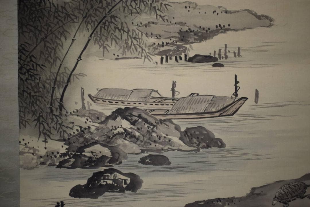 真作/石野龍山/山水屋形舟図/絹表装/双幅/布袋屋掛軸HH-877