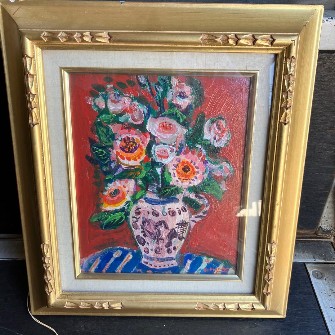 坂口國男 額入り絵 テーブルの上の花 金沢美大教授 油絵