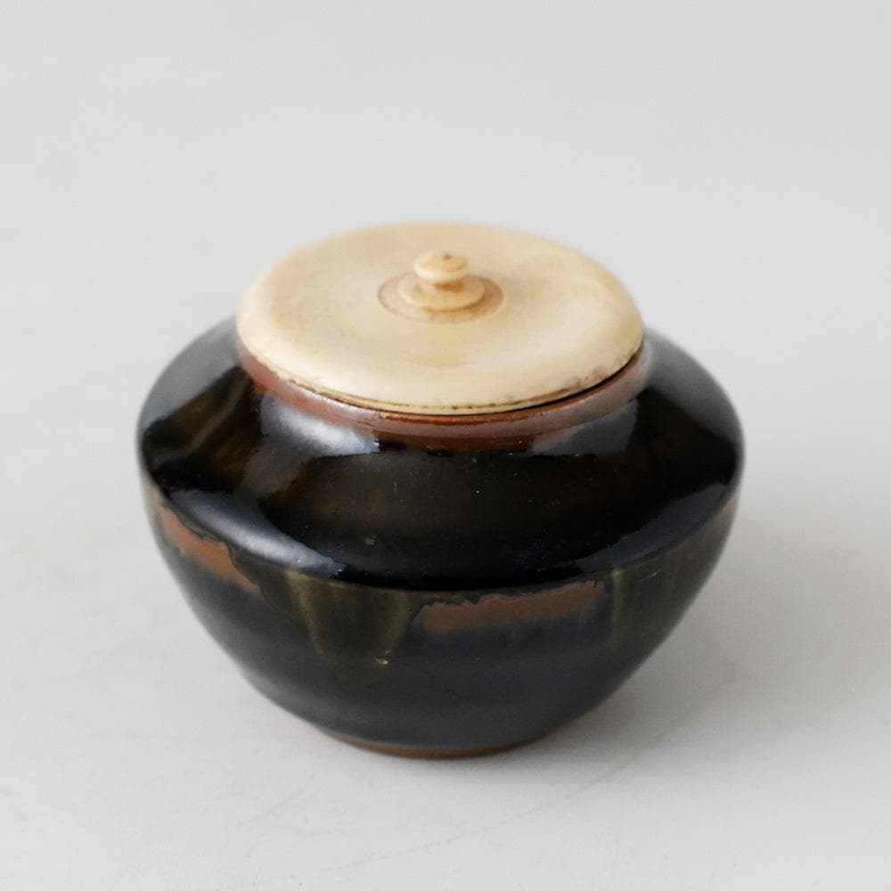 【名品】古瀬戸 茶入 糸切底 時代物 渋い鉄釉 景色抜群 仕覆 蓋付 茶道具合箱