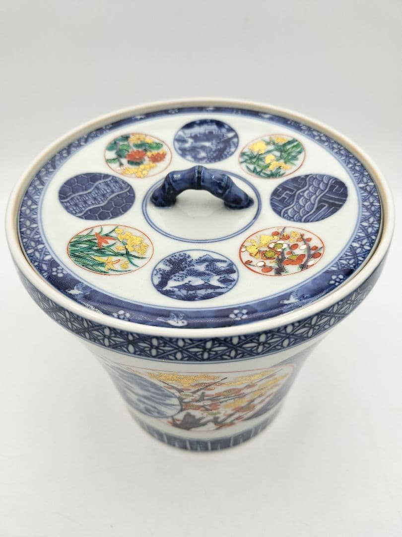 b618 水指 染付 色絵 丸紋ツナギ 四君子紋 西村徳泉 木箱 茶道具 古物