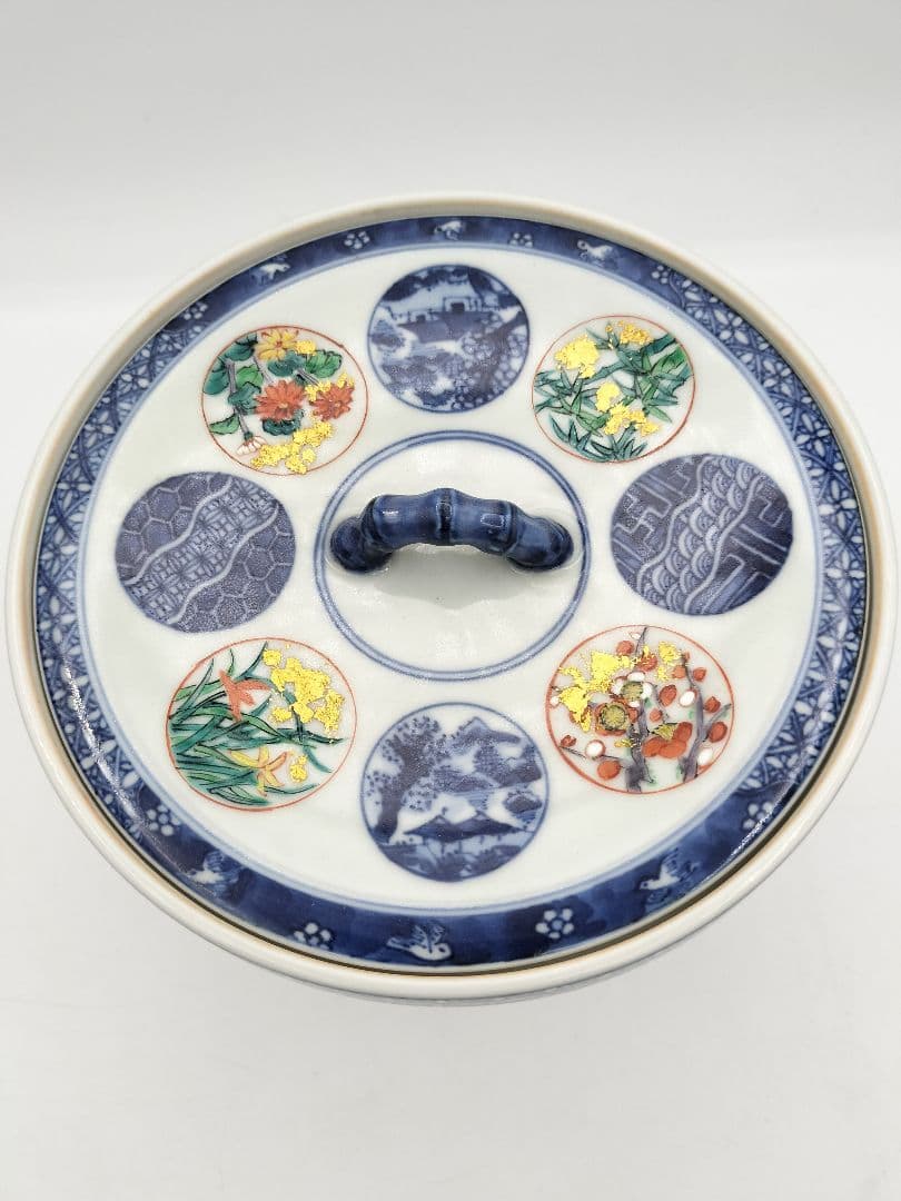 b618 水指 染付 色絵 丸紋ツナギ 四君子紋 西村徳泉 木箱 茶道具 古物