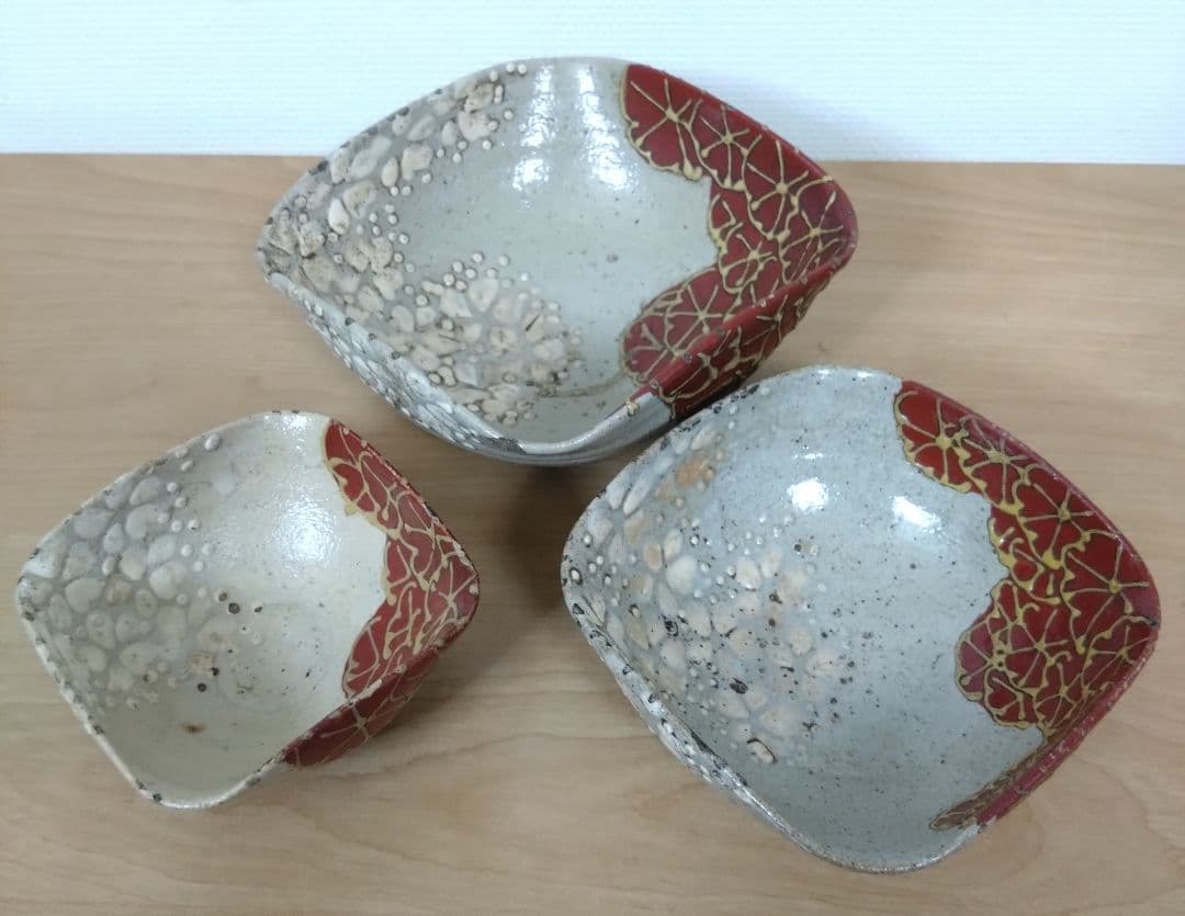 京焼　清水七兵衛作　三ツ組　向付け　清水七兵衛七角印　三ツ組鉢