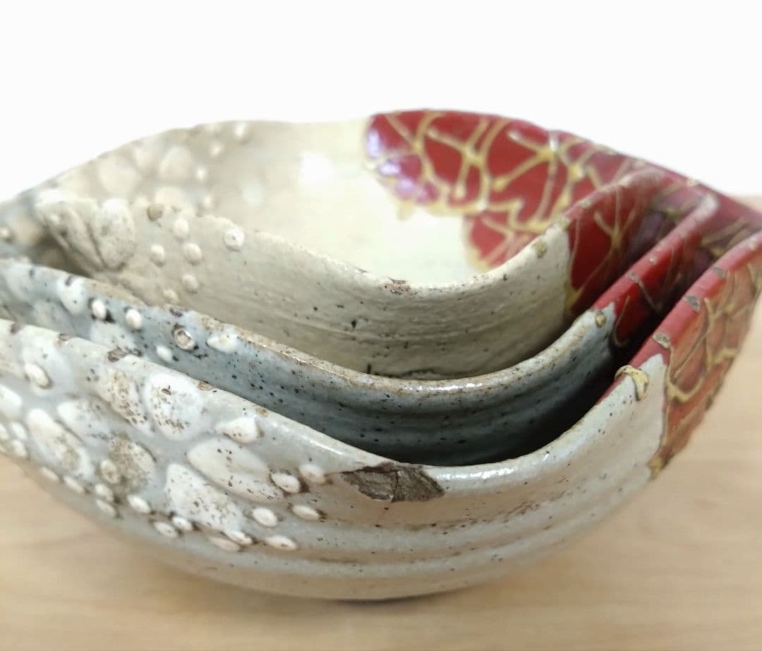 京焼　清水七兵衛作　三ツ組　向付け　清水七兵衛七角印　三ツ組鉢