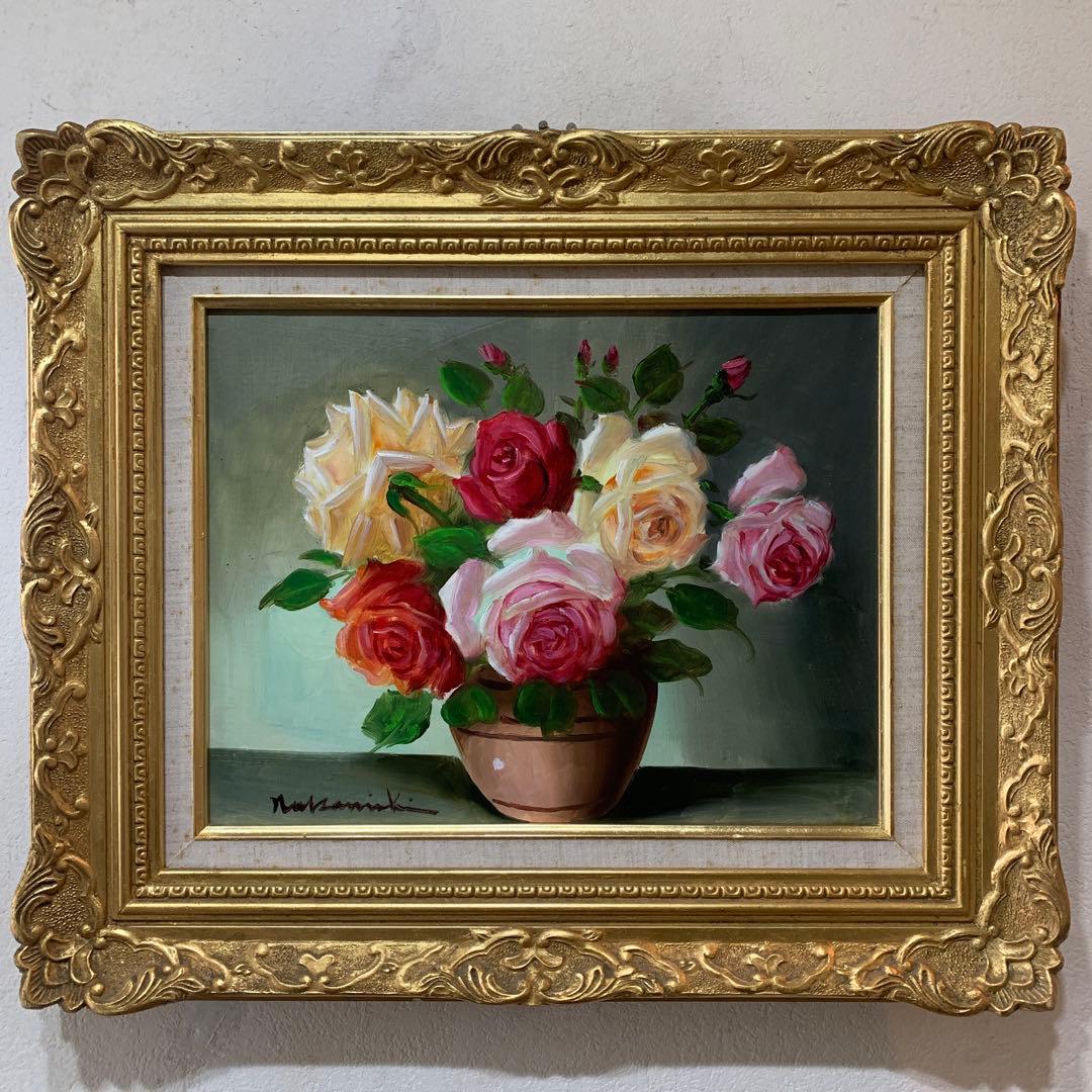 絵画　額装　油彩肉筆画　真作　中西利雄『バラ』F6サイズ　アンティーク額装