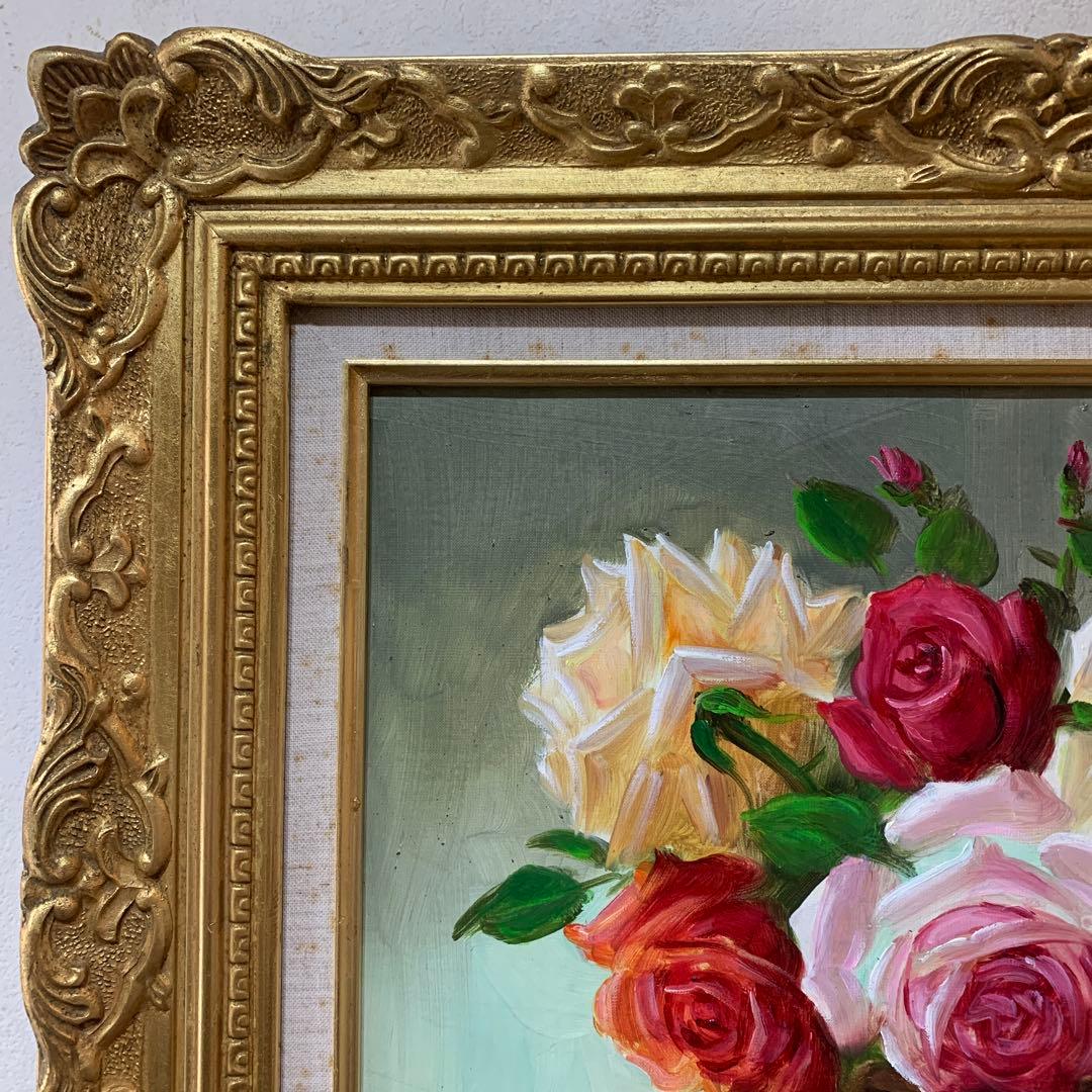 絵画　額装　油彩肉筆画　真作　中西利雄『バラ』F6サイズ　アンティーク額装