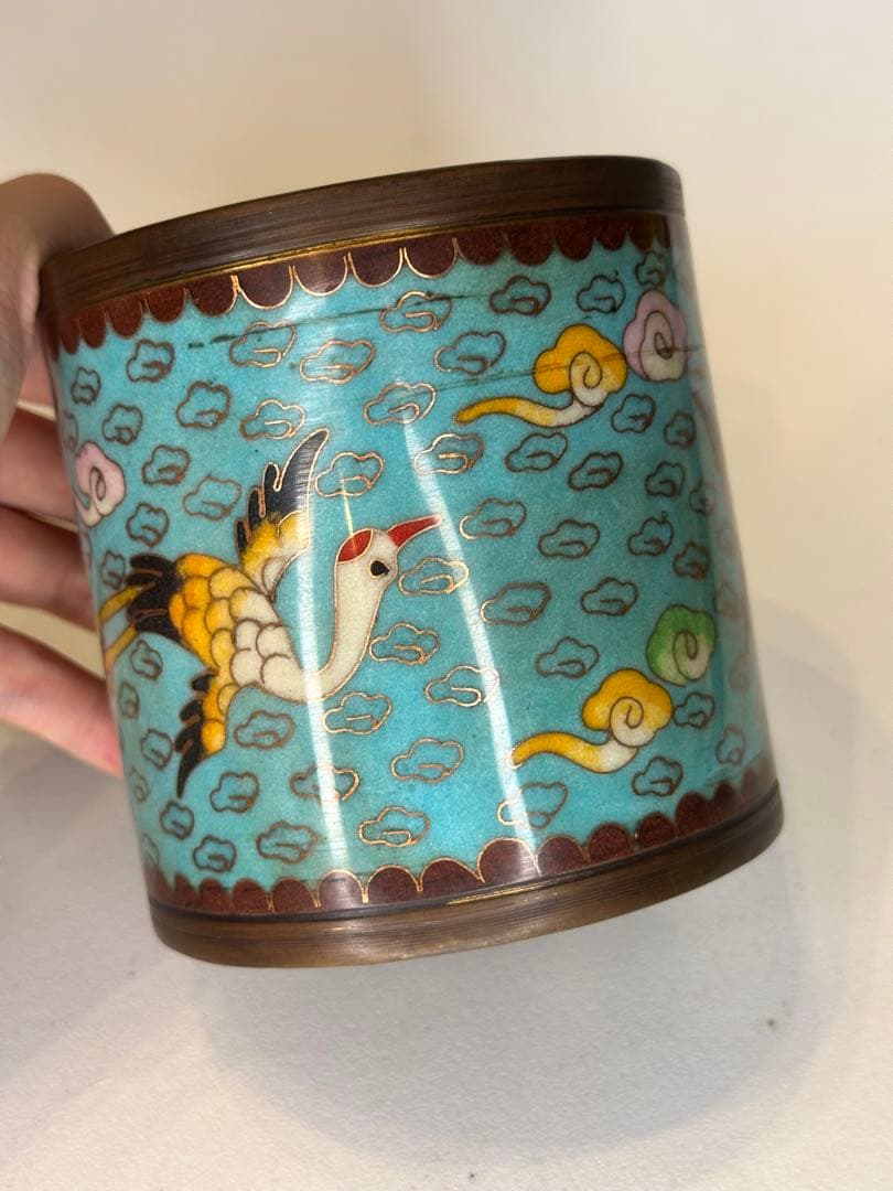 中国 清代 乾隆年制 底款 七宝焼き（景泰蓝）銅製香炉 骨董品 仙鶴と雲文装飾