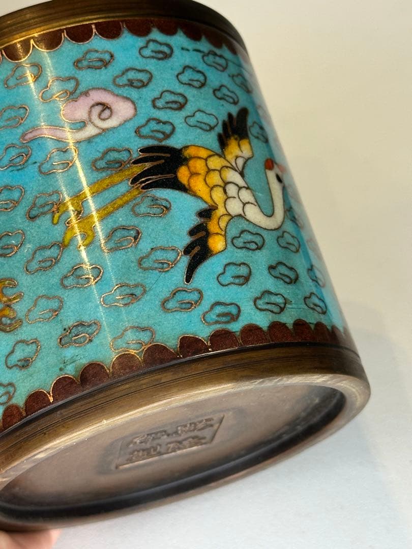 中国 清代 乾隆年制 底款 七宝焼き（景泰蓝）銅製香炉 骨董品 仙鶴と雲文装飾
