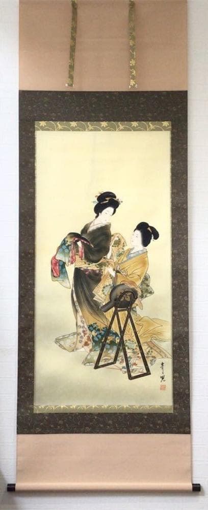 掛軸 田口青児『よそおい 美人図』日本画 絹本 肉筆 共箱付 掛け軸 k471