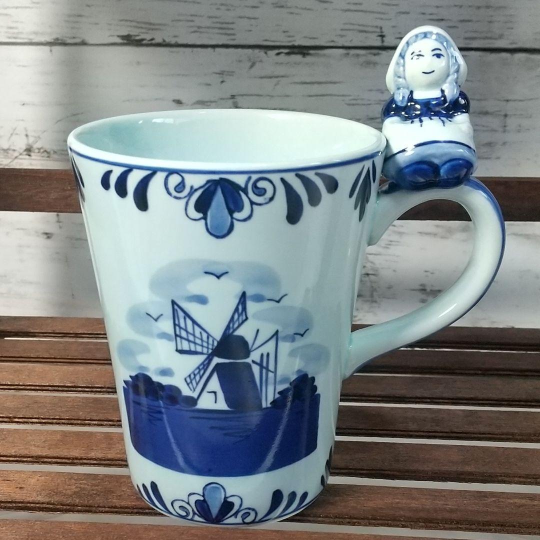 【ビンテージ レア】ブルー デルフト ブロー ハッピーレディハンドル マグカップ