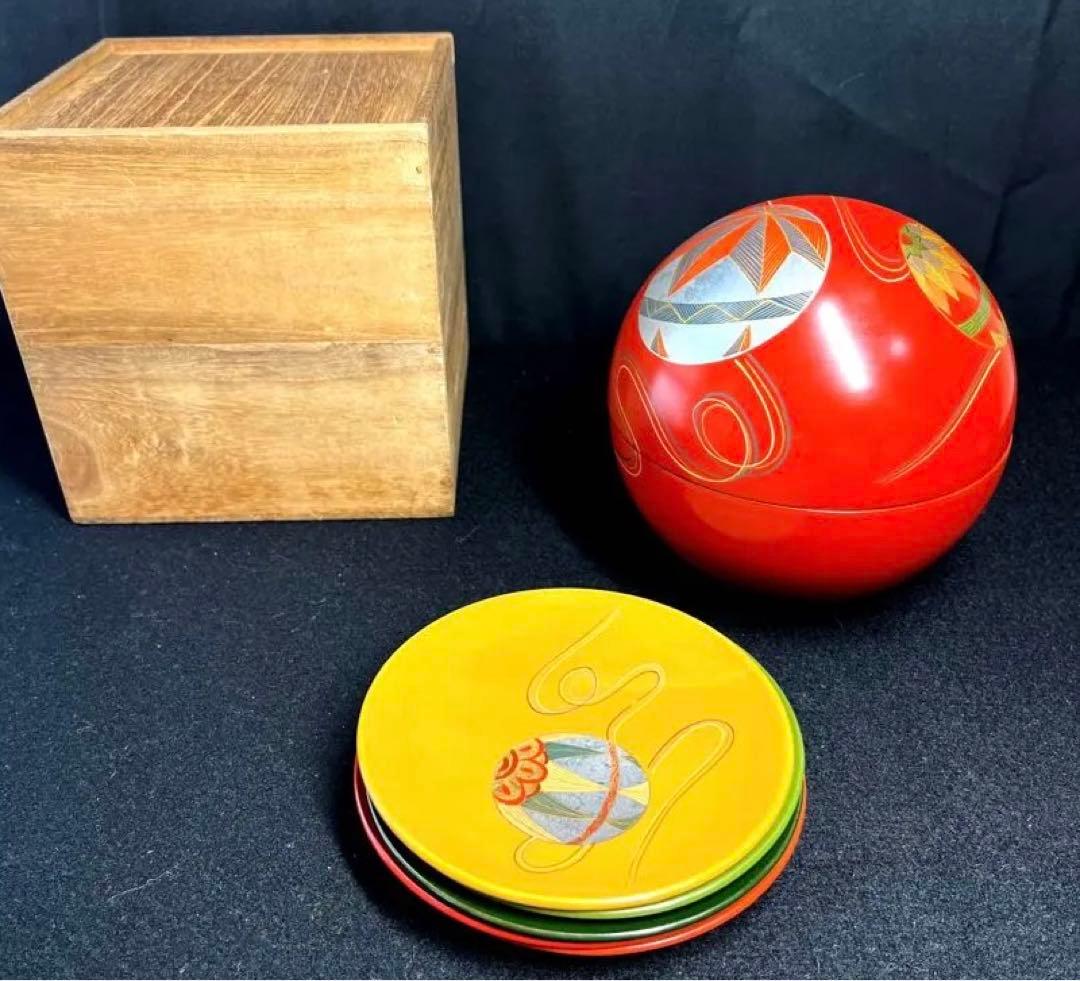 棗『手まり棗』銘々皿×5客セット漆器 天然木製 長期保管品 共箱　茶道具　古道具