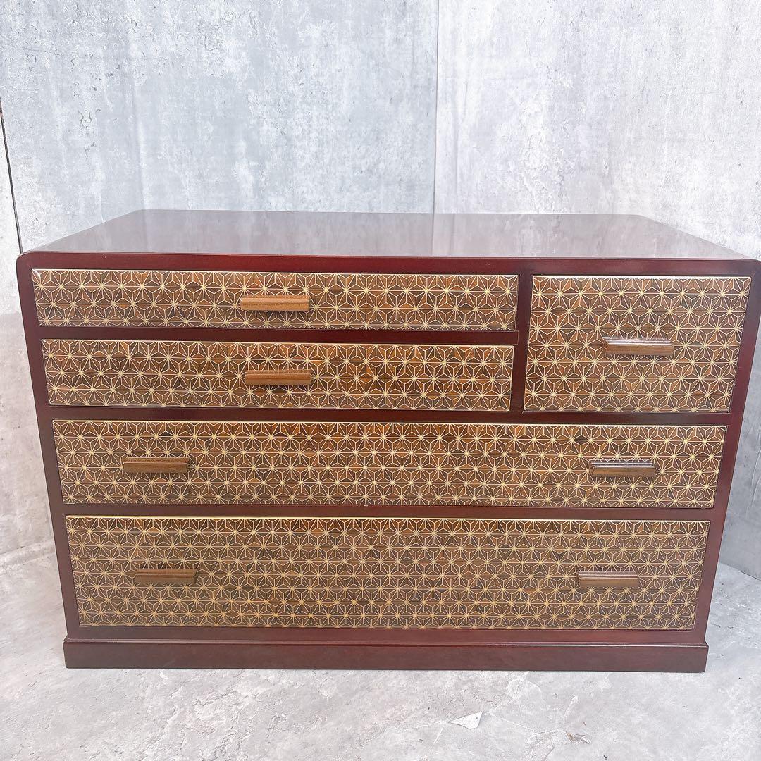 【極美品】露木清次作 箱根寄木細工　麻の葉模様 小箪笥　民芸家具