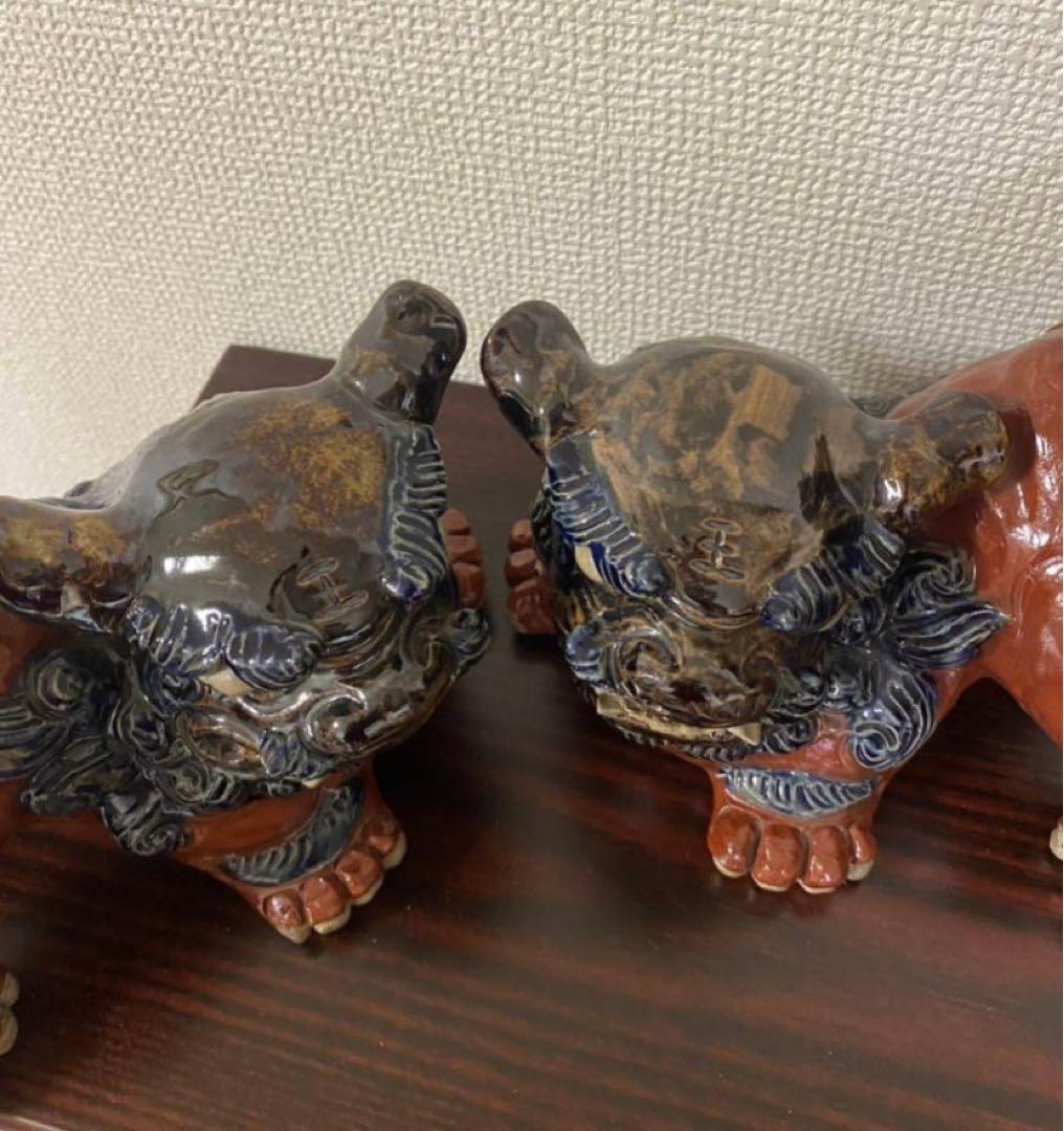 琉球 沖縄　壺屋焼赤絵　陶器獅子威嚇 魔除け　シーサ置物作家物 2點セット希少品