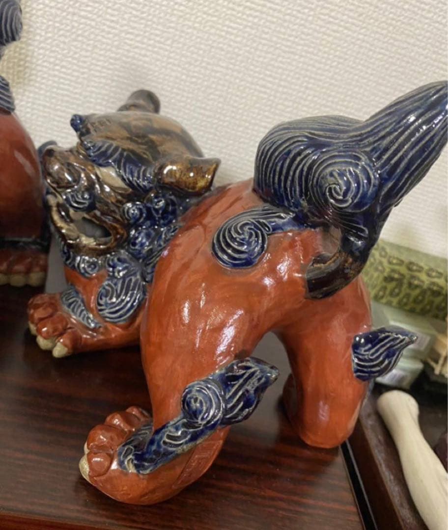 琉球 沖縄　壺屋焼赤絵　陶器獅子威嚇 魔除け　シーサ置物作家物 2點セット希少品