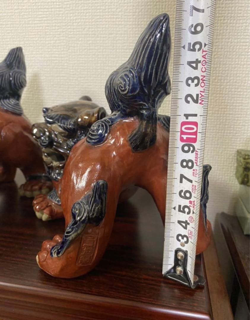 琉球 沖縄　壺屋焼赤絵　陶器獅子威嚇 魔除け　シーサ置物作家物 2點セット希少品