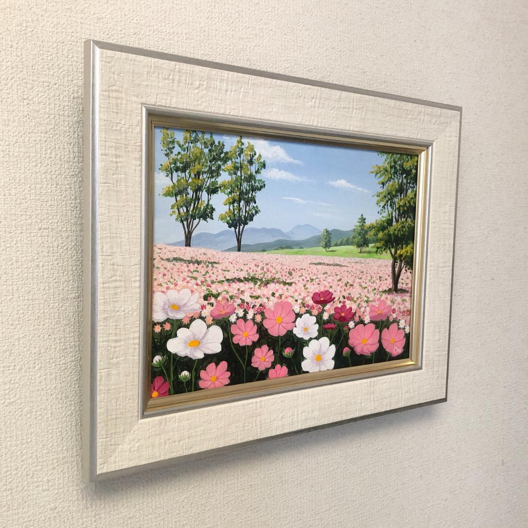 アクリル画　原画　「コスモスのフィールド05」額縁付　F4サイズ　キャンバス