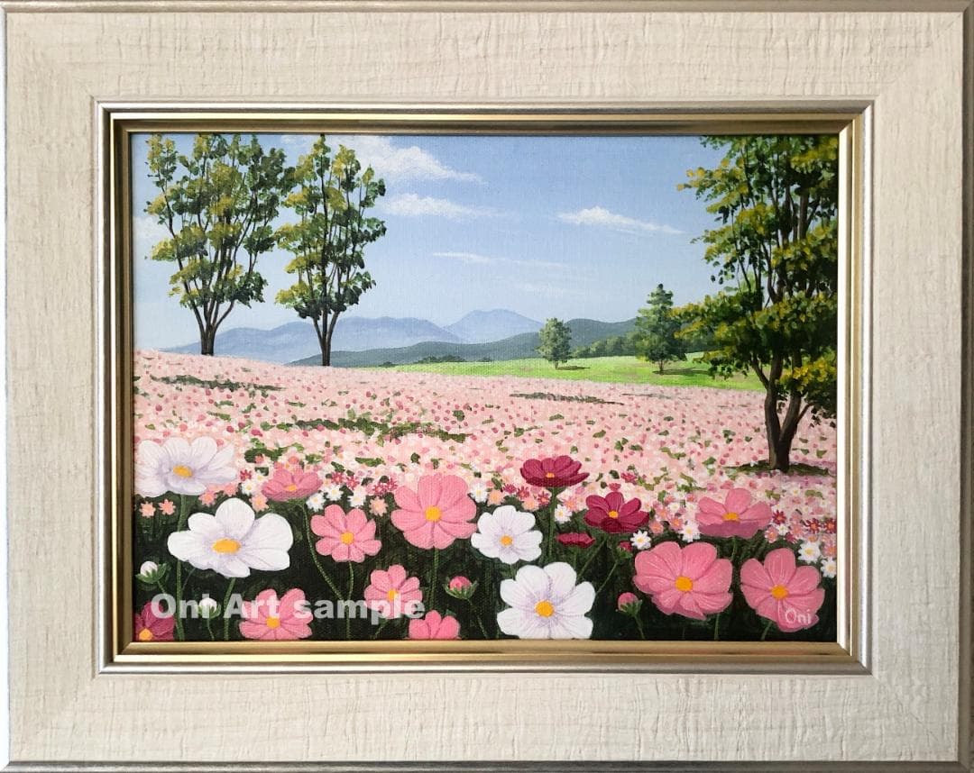 アクリル画　原画　「コスモスのフィールド05」額縁付　F4サイズ　キャンバス