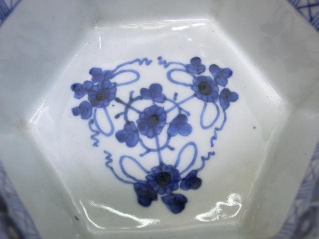 鉢■菊形六角染付丼鉢 太明成化年製 江戸期 天保 六角鉢 菓子器 時代物 骨董■