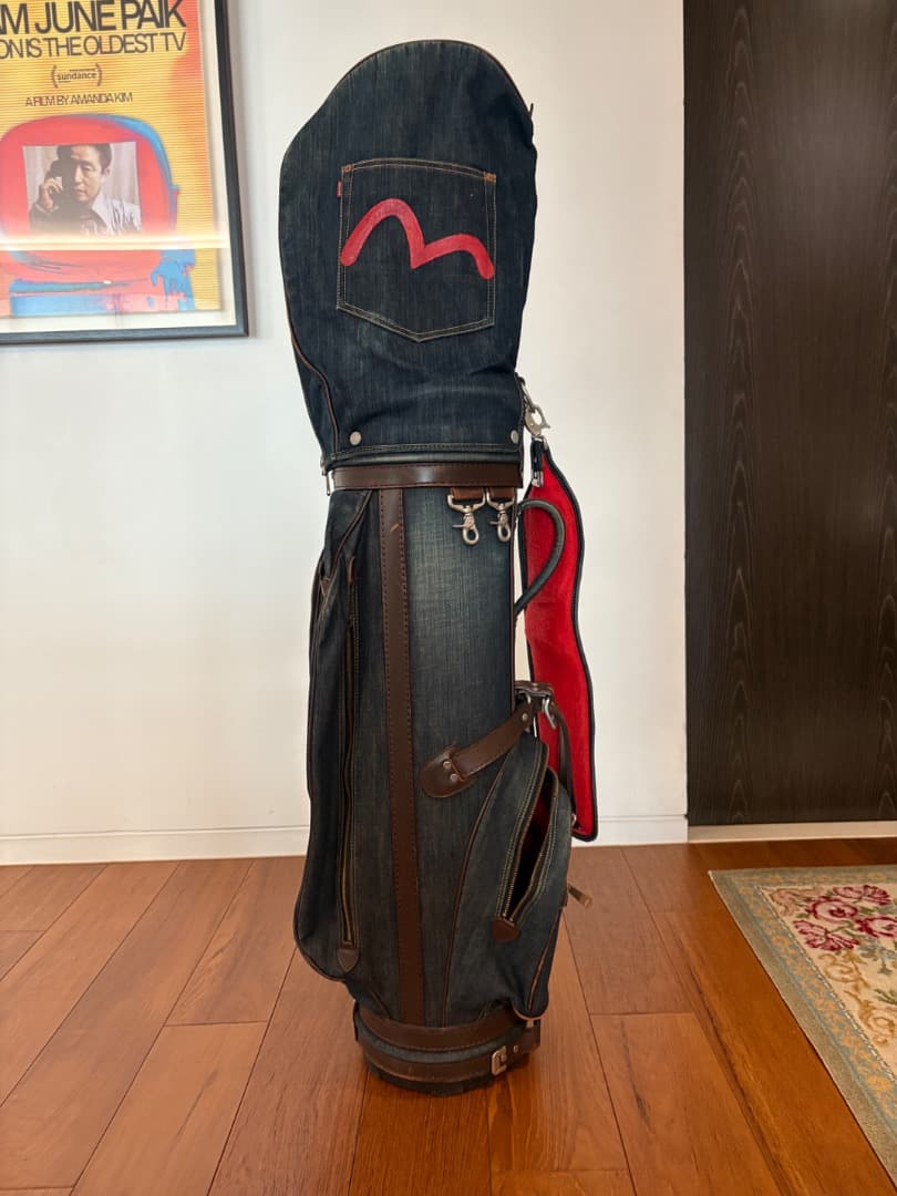 デニムキャディバッグ 赤い刺繍