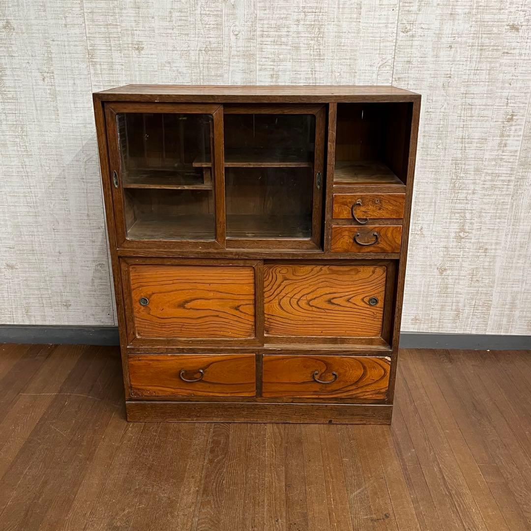 【アンティーク】昭和レトロ 木製 水屋箪笥 小箪笥 引き戸 古民家 古家具