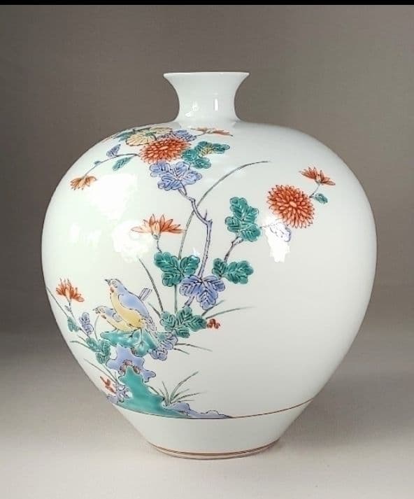 [未使用 美品]　有田焼　高麗庵　清六窯　中村清六　錦絵　花鳥紋　花瓶　希少