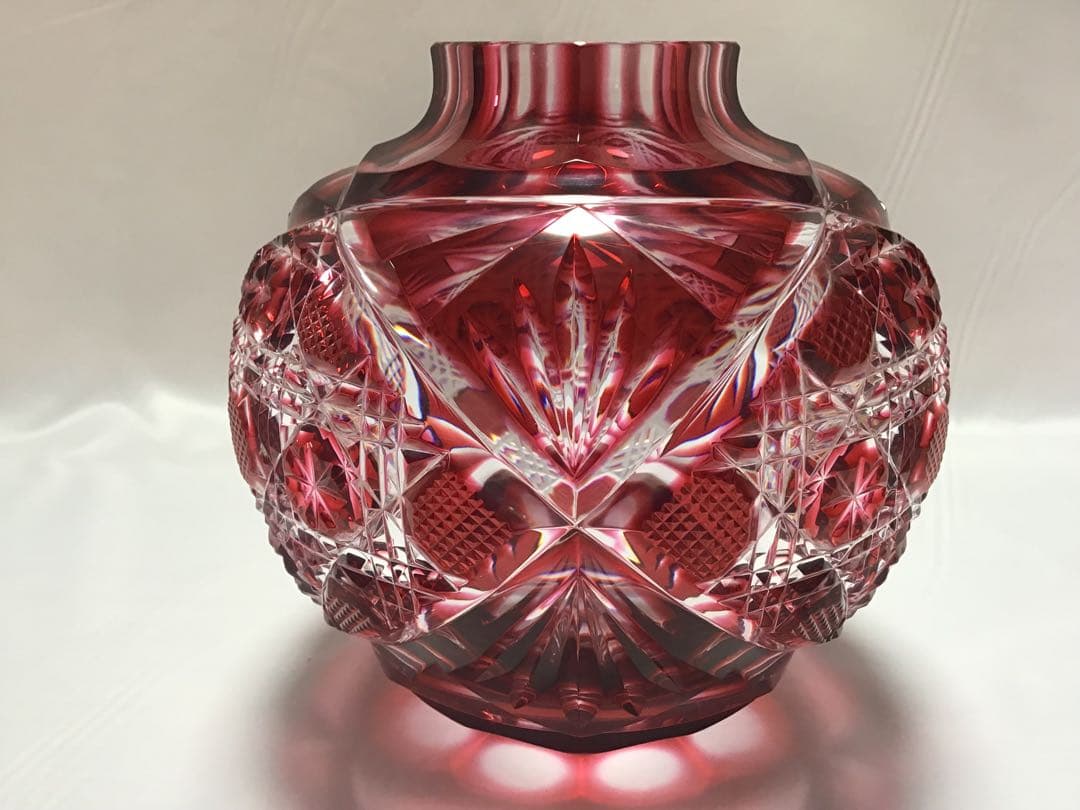 薩摩切子　大型丸花器　銘「晃玉」　薩摩ガラス工芸作　金赤　定価352,000円