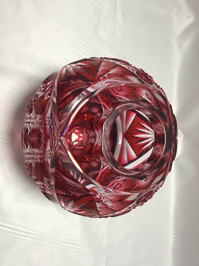 薩摩切子　大型丸花器　銘「晃玉」　薩摩ガラス工芸作　金赤　定価352,000円