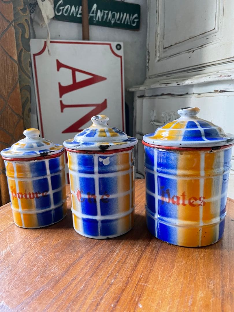 フランス　アンティーク　ホーロー　キャニスター　3個　ブルー　オレンジ　チェック