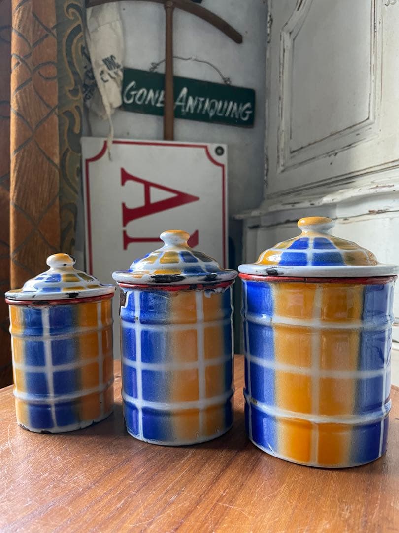 フランス　アンティーク　ホーロー　キャニスター　3個　ブルー　オレンジ　チェック