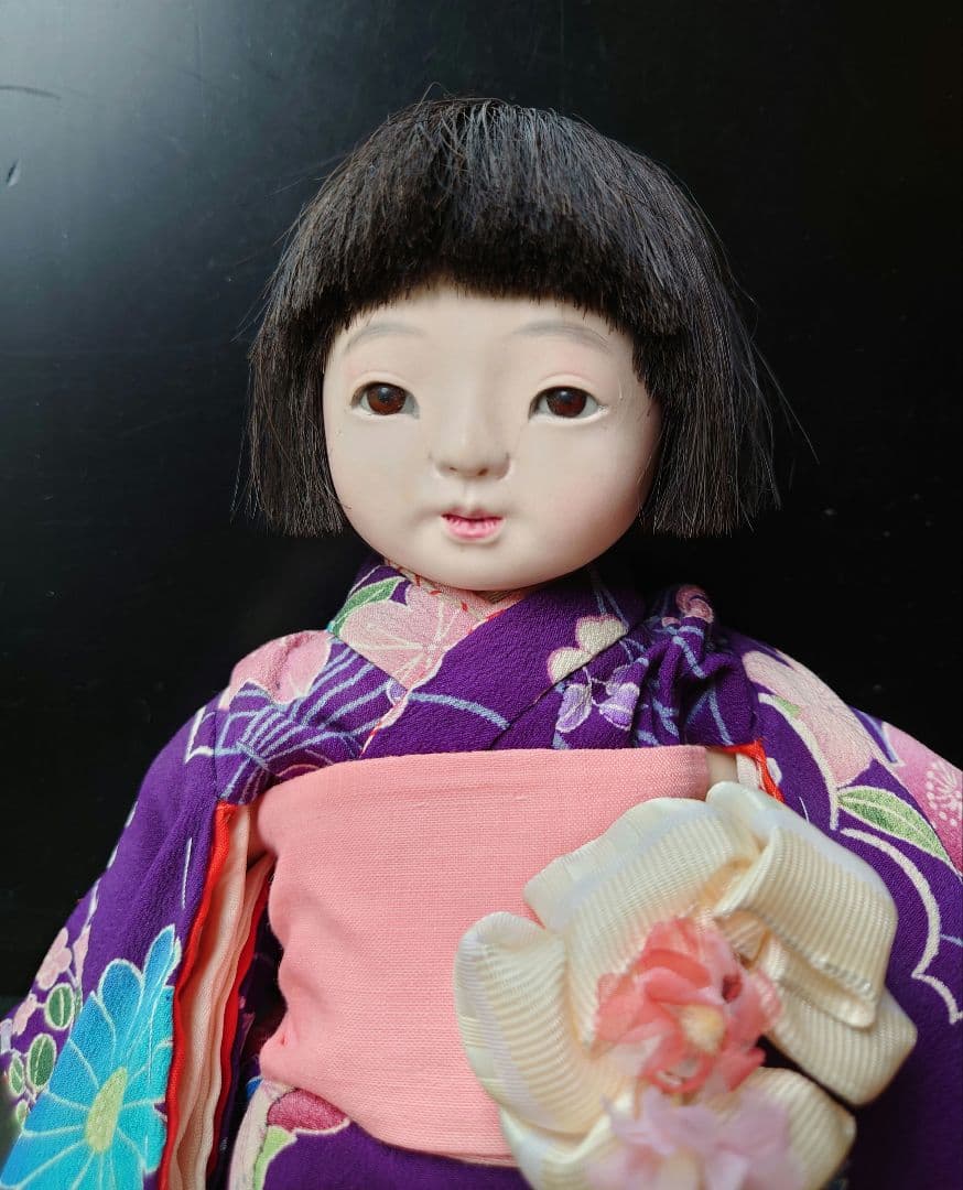 樫村瑞観　自由人形　市松人形　32cmくらい　着物+被布+お帽子